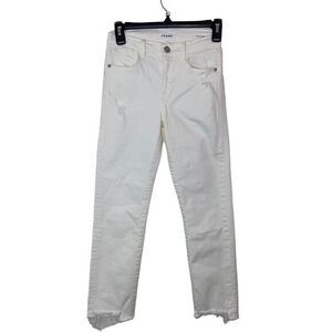Frame Women Le High Straight Jean Blanc White Crop Raw Hem Stretch Denim Size 24